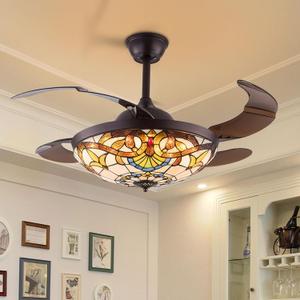 42 Inch Tiffany Style Invisible Ceiling Fan with Lights and Remote Control,Retractable Reverse Blades 6 Speeds 3 Light Changes Fandelier Chandelier Fan,Quiet Motor,Indoor Ceiling Lighting Fixture (updated-42inch)