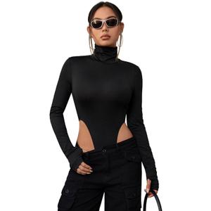 SOLY HUX Women's High Turtle Neck High Cut Long Sleeve Solid Fitted Skinny Bodysuit (Large, Black)