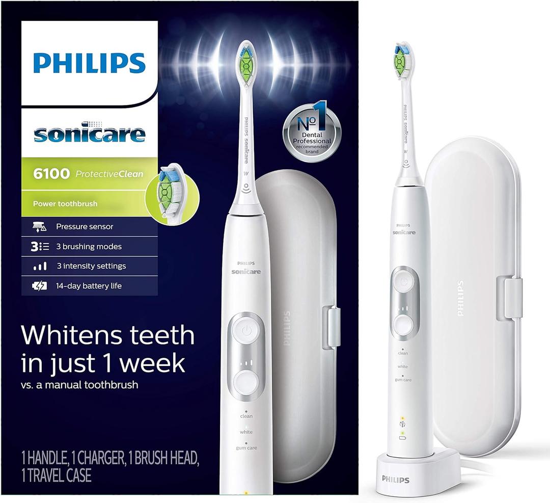 PHILIPS Sonicare Protective Clean 6100 Rechargeable Electric Toothbrush, with Pressure Sensor, 3 Cleaning Modes, SmarTimer and QuadPacer, 14-Day Battery Life, Travel Case, White, Model HX6877/21