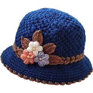 Flower Knit Crochet Fuzzy Bucket Hat Women Winter Warm Beanies Hat Furry Plush Faux Fur Fishing Skull Cap Fishman Hats (Navy)