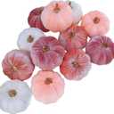 Winlyn 12 Pcs Small Rustic Faux Velvet Pumpkins Decorative Blush Coral Pink Peach Ivory Fabric Foam Pumpkins 3" for Fall Wedding Bbay Shower Thanksgiving Halloween Table Centerpiece Dcor