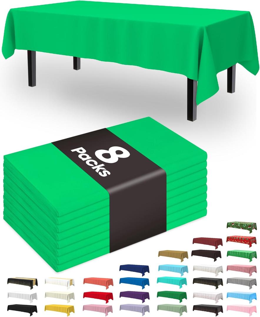 Pureegg Plastic Table Cloth Disposable 8 Pack, 54 x 108 Inch Table Cloths, St Patricks Day, Christmas Decorations, Tablecloths, Rectangle, Forest, Emerald, Plastic Cover, Leakproof & Sturdy, Green
