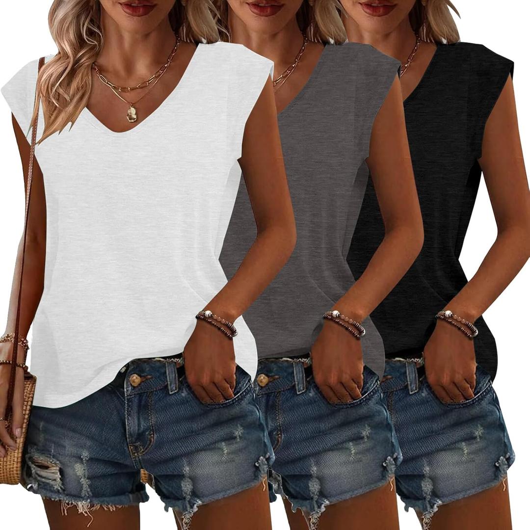 Women's 3 Pack T Shirts Cap Sleeve Tees U Neck Tank Tops Fashion Basic Tops 2025 (Small, Black White Gray)