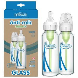 Dr. Brown's Anti-Colic Options+ Narrow Glass Baby Bottle with Level 1 Slow Flow Nipple, BPA-Free, 8 oz/250 mL, 0m+, 2-Pack