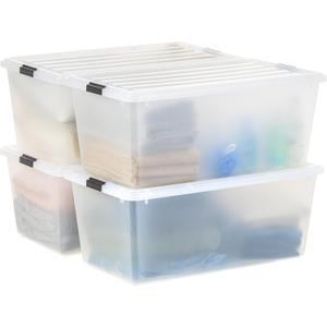 IRIS USA 91 Qt Stackable Plastic Storage Bins with Lids, 4 Pack - BPA-Free, See-Through Organizing Solution, Latches, Durable Nestable Containers, Secure Pull Handle, Made in USA - Clear