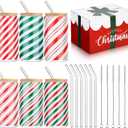 Umigy 6 Pcs Christmas Gift Glasses Cups 16oz Peppermint Candy Cane Cups Christmas Can Shaped Glassware with Bamboo Lids Holiday Drinking Glasses for Iced Coffee Hot Cocoa Bar Cocktails