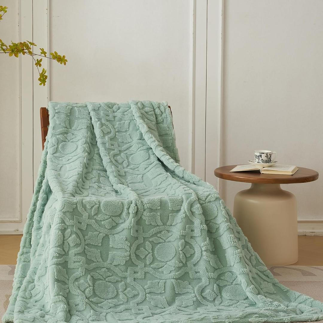 Home Fleece Throw Blanket for Couch, Bed, TV, Party, and Gift - 3D Jacquard Decorative Blankets - Cozy Soft Lightweight Fuzzy Flannel Blanket, All Seasons, 50x70 Inches, Sage Green (50" x 70", Sage Green Jacquard)