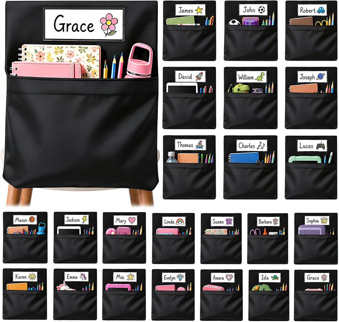 24 PCS Chair Pockets for Classroom, 20 x 17 Inch Extra Large Seat Sacks with Name Tags, Heavy-Duty Oxford Fabric Chair Organizers for School, Home, Office Black
