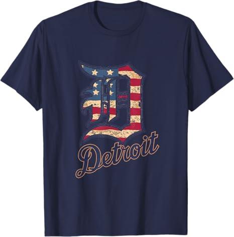 Nate Willis Detroit American Flag Old English D T-Shirt - Men's Black Small Modern Classic Letter Print Short Sleeve T-Shirt, Navy Blue, XL