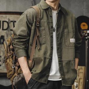 Mens Utility Shirt Jacket, Heavyweight Canvas Long-Sleeve Button-Front Workwear Top, L