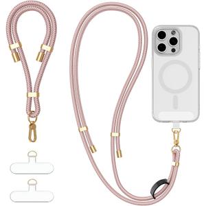 4-IN-1 Phone Lanyard + Wrist Strap Kit with 2 Pack Tabs, Universal Adjustable Phone Strap Crossbody, Anti-Theft Neck Lanyard for iPhone 16 Pro Max and Most Smartphones, Rose Gold