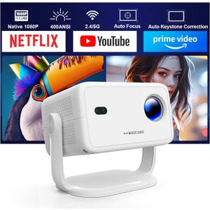 [Netflix Licensed] 4K Projector with Wifi and Bluetooth, Built-in Android 13, Smart 1080P Projector, Auto Focus&Auto Keystone Correction with Voice Control Movie Projector for HomeTheater/Outdoor (White)