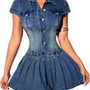 Women's Pleated Short Sleeve Bodycon Dress Collar Neck Y2K Button Denim Mini Dresses Blue Large