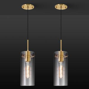 Gold Pendant Light Fixtures, 2 Pack Modern Pendant Lighting with Clear Striped Glass Shade, Hanging Pendant Lights Kitchen Island, Farmhouse Pendant Lighting for Dining Room Bedroom Bathroom