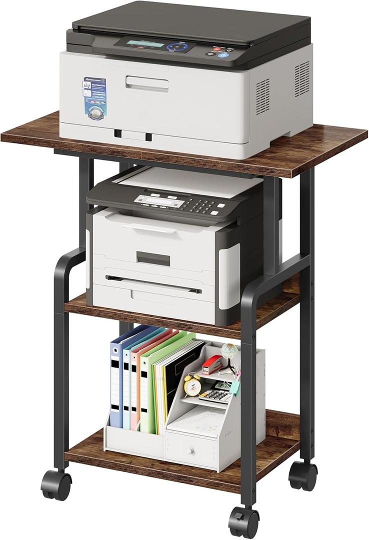 23.6-in Printer Stand with Storage, 3-Tier Printer Table for Home Office, Printer Cart Under Desk Storage, Suitable for Study, Kitchen, Living Room, Rustic Brown and Black TPS02BF