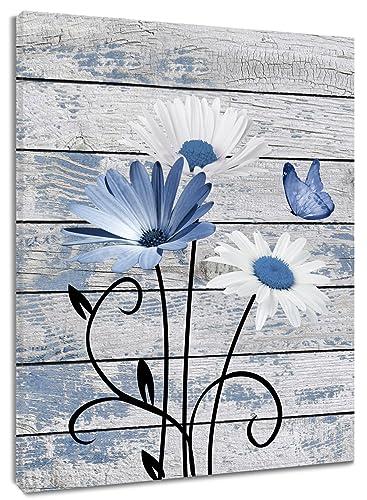 HVEST Vintage Floral Canvas Wall Art Blue and White Daisy Butterfly on Farmhouse Wooden Wall Decor for Bedroom, Country Wildflower Framed Wall Art for Living Room Office Home Decor, 24L X 16W inches