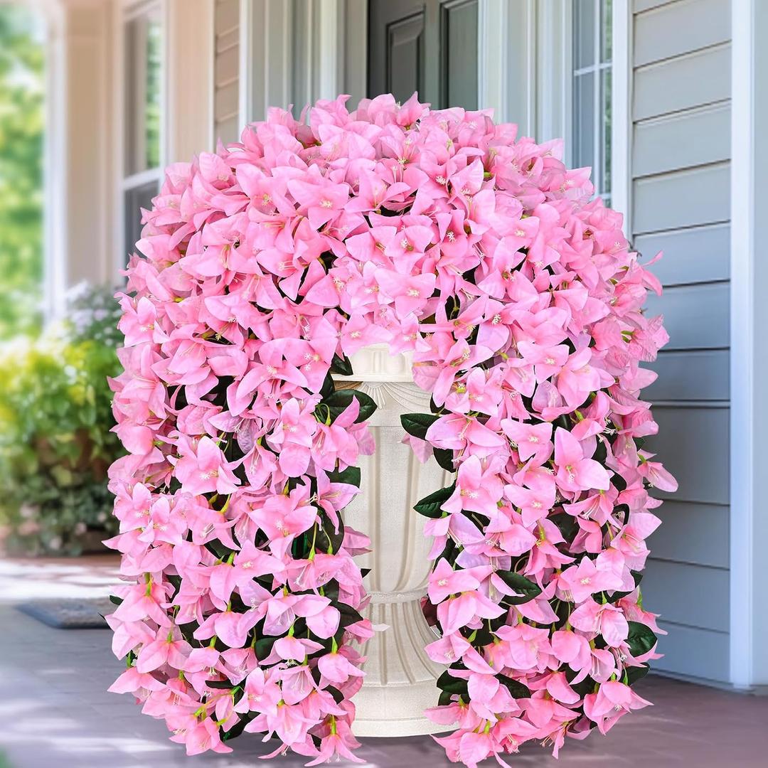 2 Pcs UV Resistant Artificial Flowers for Outdoors, Realistic Faux Silk Bougainvillea Flowers, Fake Hanging Plants for Porch Patio Balcony Decoration (Pink)