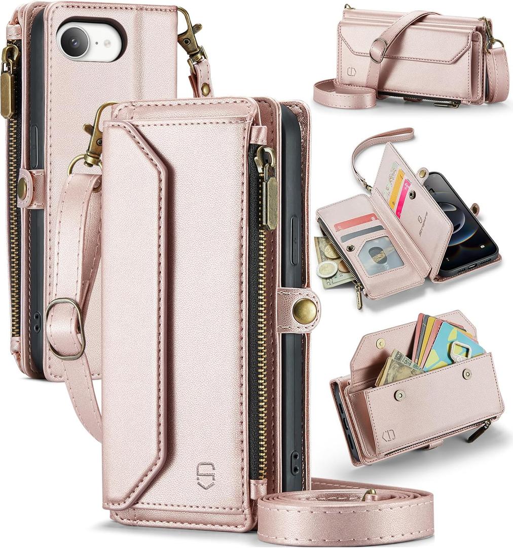 Strapurs Crossbody Wallet Case Compatible with iPhone 17e / iPhone 16e RFID Blocking 7-Card Holder PU Leather Magnetic Snap Shoulder Strap Zipper Pocket Phone Cases for iPhone 17e / 16e - Rose Gold