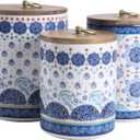Bico Blue Talavera Ceramic Canister Set of 3 for Kitchen Counter, 62oz, 40oz, 32oz each, with Wooden Air Tight Lid, Food Storage Jar for storing Coffee, Tea, Spice, Dishwasher Safe