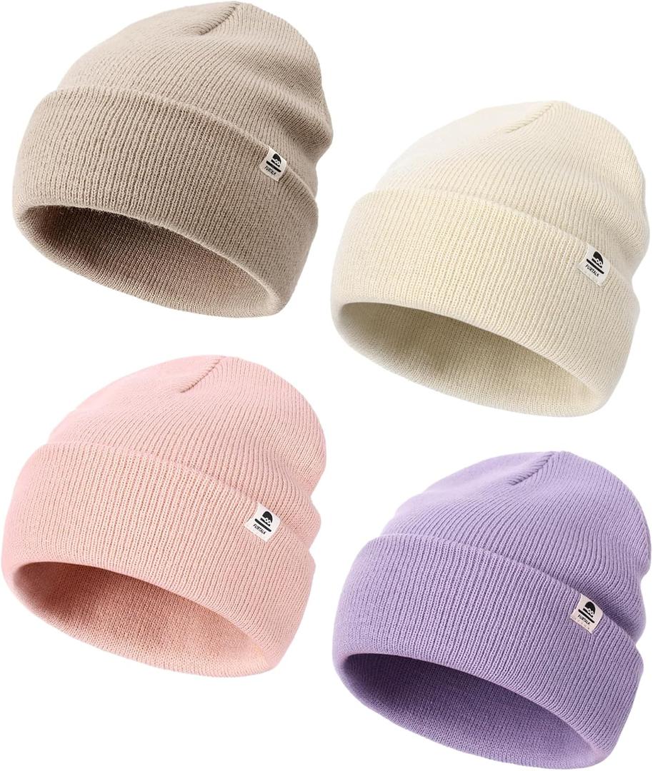 FURTALK 4 Pack Toddler Kids Beanie Boys Girls Baby Winter Hat Warm Knit Stretchy Breathable Hat (0-6 Months, Beige+pink+purple+light Khaki)