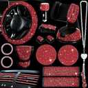 Riakrum 30 Pieces Red Bling Car Accessories Set for Women, Steering Wheel Covers Universal Fit 15 Inch, Seat Belt Cover, Phone Holder Mount, Cup Coaster Kids Women Cute
