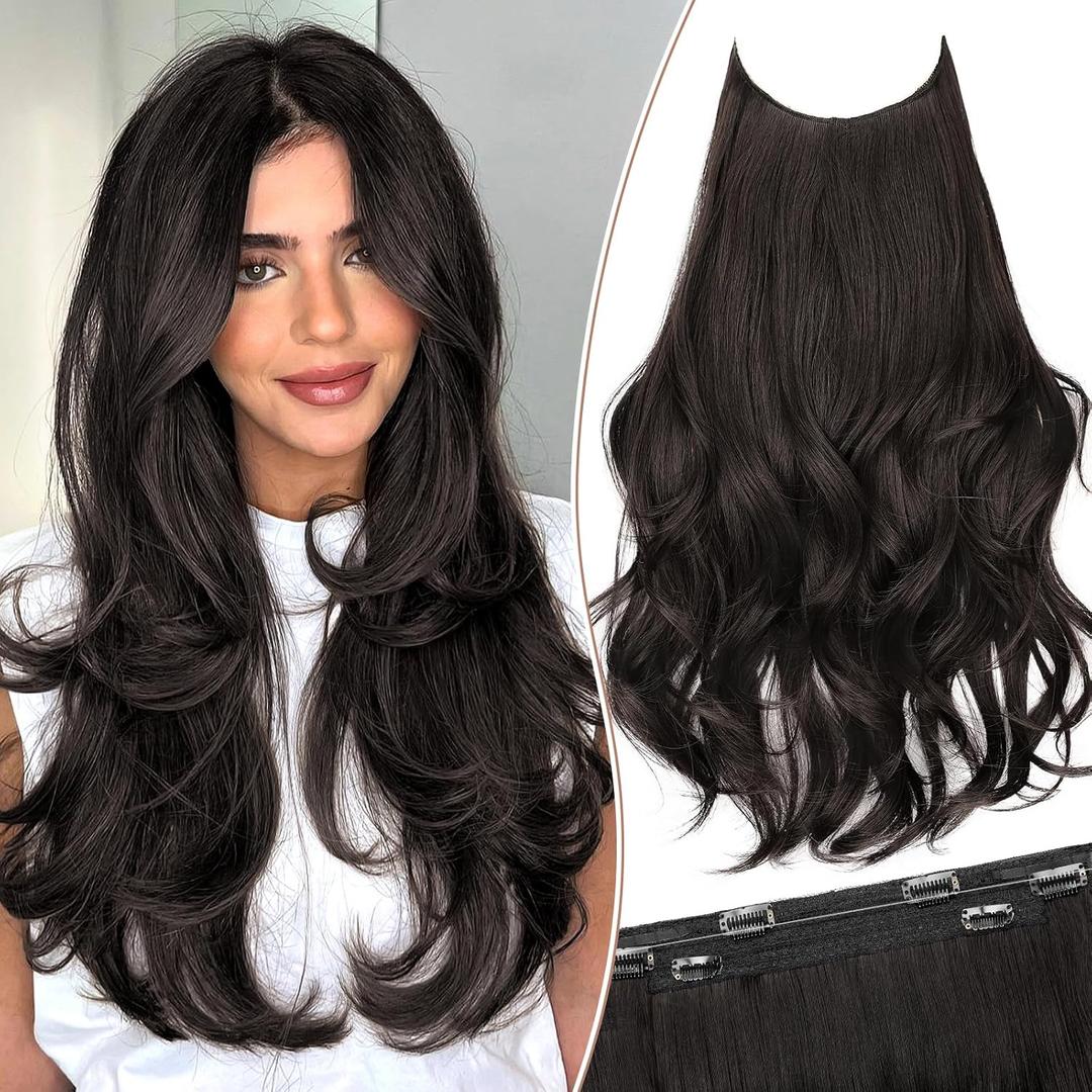 KooKaStyle Invisible Wire Hair Extensions 20" Long Wavy Layered Synthetic Clip in Hair Extension with Transparent Wire Adjustable Size 6 Secure Clips Dark Brown Thick Hairpieces for Women20 Inch,150g
