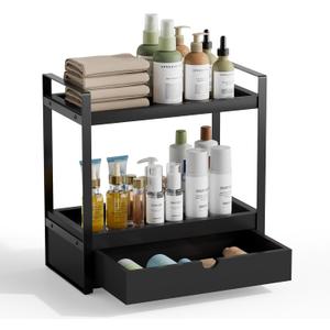 2-Tier Bathroom Organizer Countertop with Drawer, Wood Bathroom Counter Shelf for Storage, Vanity Organizer Countertop for Kitchen, Office (Black)