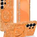 Magnetic for Galaxy S26 Ultra Case with Invisible Ring Stand[Compatible with MagSafe]Full Body Slim Women Girl Shockproof Marble Pattern Design Case for Samsung Galaxy S26 Ultra,Shiny Orange