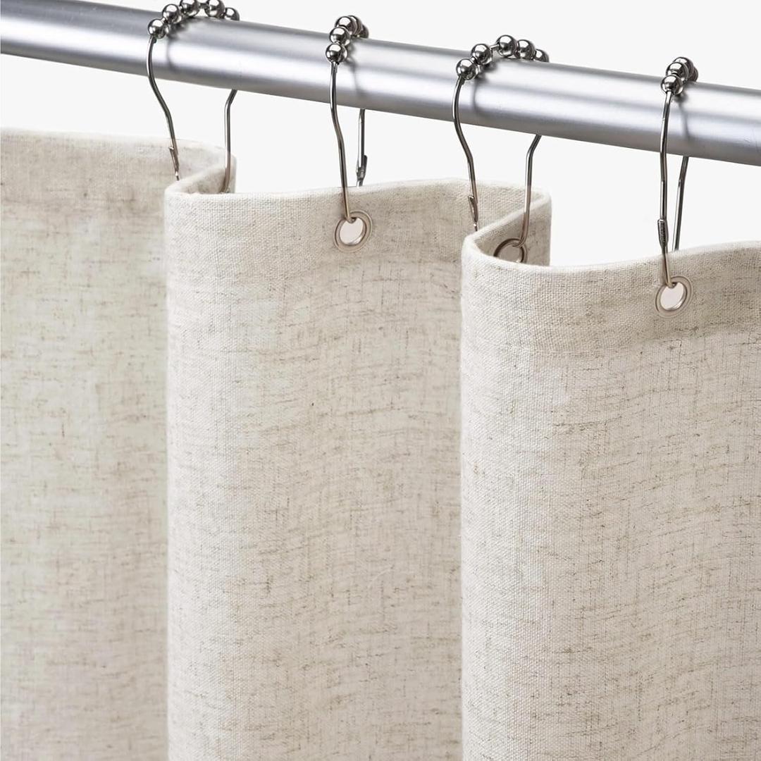 Awellife Linen Shower Curtain for Bathroom No Hook Shower Curtain with Snap in Liner Set Natural 87" L x 72" W Beige