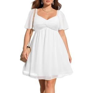 Pinup Fashion Women Graduation Dress Plus Size - Homecoming Sweetheart Neckline Chiffon A-Line Short Dresses (White Short Sleeve, 24W)