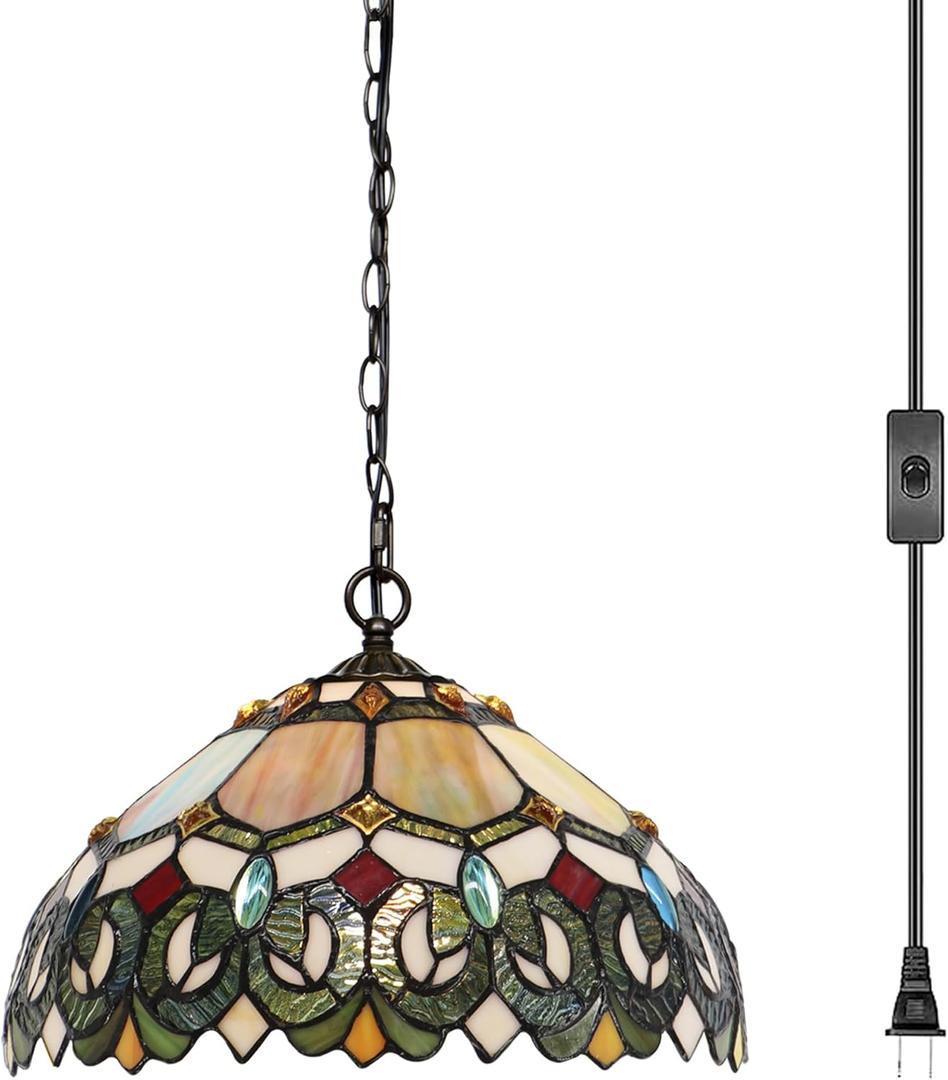 Tiffany Pendant Light Plug in Stained Glass Hanging lamp 12X12X181 Inch Hanging Lamp Living Room Bedroom Kitchen Dining Room Office(Seven Color Baroque)