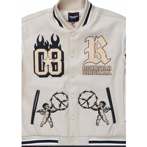 An urban collegiate varsity jacket for women in beige. Designed with an ultra soft fleece body and contrast faux leather sleeves for a trendy outerwear style, XL