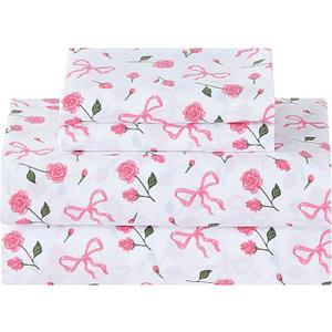 Softan Pink Floral Queen Bed Sheets, Cozy Microfiber Flower Printed Sheets with 15" Deep Pocket Fitted Sheet & Non-Slip Straps, Patterned Pink Rose - Bow Sheets & Pillowcase Set