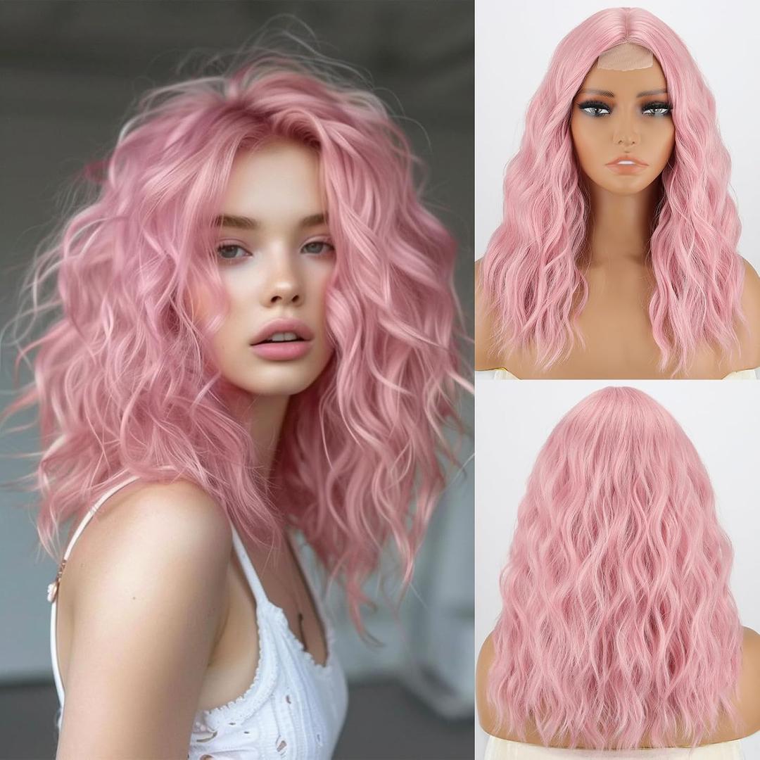 MISSQUEEN 18Inch Shrot Wavy Pink Wigs for Women Synthetic Heat-resistant Natural Realistic Middle Parting Light Pink Hair for Everyday Hairstyle Cosplay Party Halloween Use