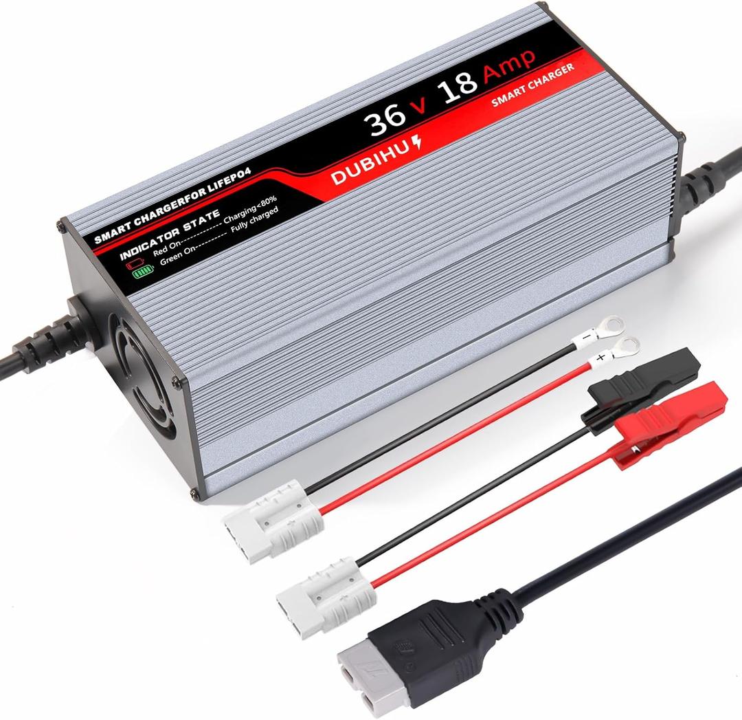 DUBIHU 43.8V 18A LifePo4 Lithium Battery Charger Smart Golf Cart, RV & 36V Motor Battery Charger with Anderson Plug, M8 Ring Terminal & 50A Alligator Clip Adapter Cable