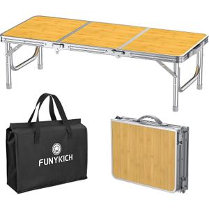 FUNYKICH 3ft Low Folding Camping Table with Carry Bag, 34.2'' Lx15.7'' W Portable Picnic Tables, Lightweight Thicker Aluminum Beach Table with Carry Handle for Beach, Camping, Picnic, Yellow