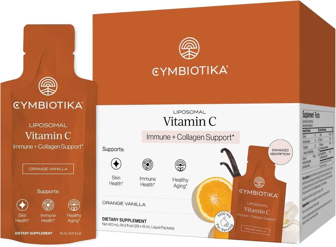 CYMBIOTIKA Liposomal Vitamin C Supplement, Immune Health, Skin Health, Healthy Aging, Enhanced Absorption, Gluten Free, Soy Free, Plant-Based, Orange Vanilla Flavor, 28 x 15 mL Liquid Packets, BBD 05/2027