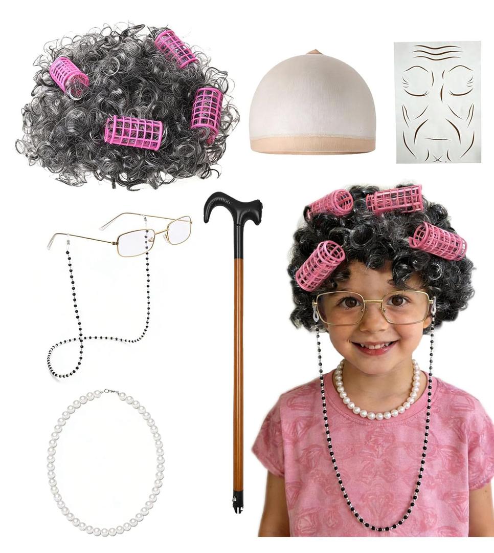 Old Lady Wig Costume Set, 100 Days of School Costume Grey Grandma Wig, Granny Accessories Glasses, Cap, Cane, Wrinkle Fake Tattoo for Halloween, Anime Cosplay, Party(Curly+Rollers) (#3 Dark Gray)