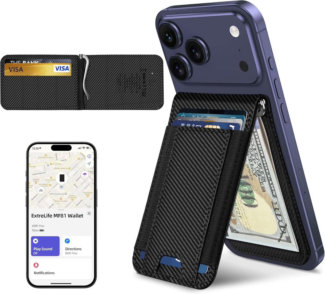 ExtreLife MagSafe Wallet with Money Clip, Work with Apple Find My, Magnetic Phone Wallet Stand for iPhone 17/16/15/14/13/12 Series, 8 Card Holder, RFID Blocking, Rechargeable, Carbon Fiber Black