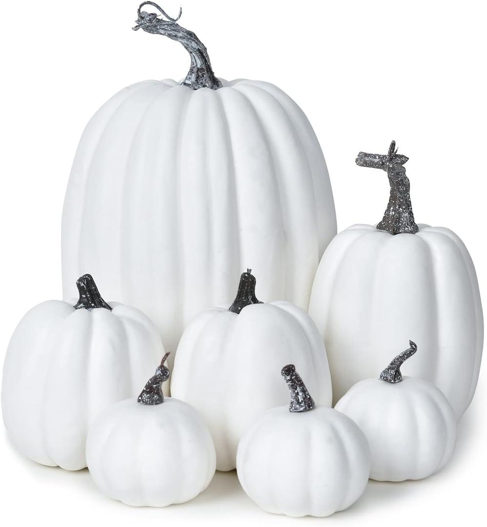 DearHouse 7Pcs Thanksgiving Artificial White Pumpkin Home Decoration Sets, Artificial Vegetables Pumpkin for Fall Halloween Home Decor