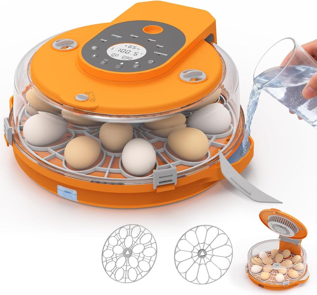 15 Egg Incubator with Side Water Refill, Auto Humidity Control, Automatic Egg Turner, Adjustable Temperature, Egg Candler, 2 Trays for Chicken, Duck, Quail & Goose Eggs