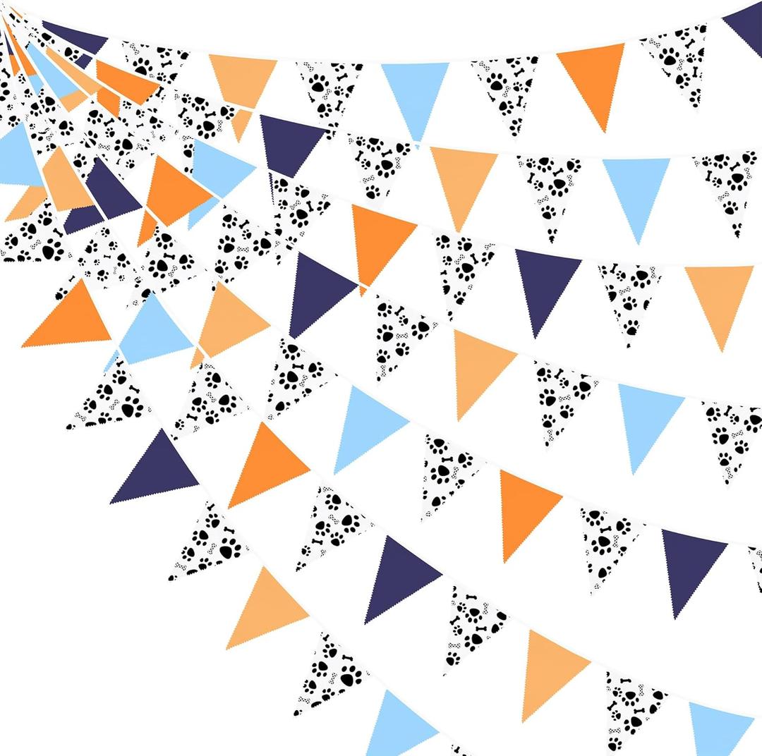 32Ft Orange Blue Dog Paw Party Decorations Puppy Paw Print Fabric Banner Triangle Pennant Flag Garland Streamers for Kids Boys Blue Dog Birthday Baby Shower Party Outdoor Garden Decor Supplies