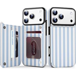for iPhone 17 Pro Wallet Case with Card Holder, Military-Grade Drop Protection, Flip PU Leather Built, Double Magnetic Clasp Durable Shockproof for iP17 Pro 6.3Inch Cover-Stripes Blue White