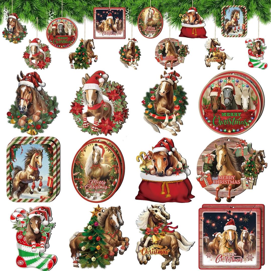 Syhood 36 Pcs Christmas Horse Ornaments Funny Farm Animal Wooden Hanging Tree Decoration Farmhouse Holiday Decor Xmas Ornament Gift for Horse Lovers