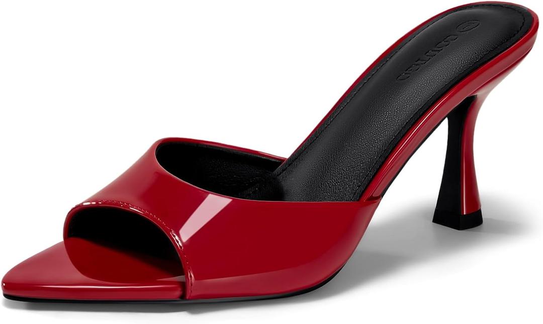 Coutgo Womens Heeled Mules Pointed Peep Toe High Heels Slip On Backless Mule Sandals Dress Shoes (11, Red)
