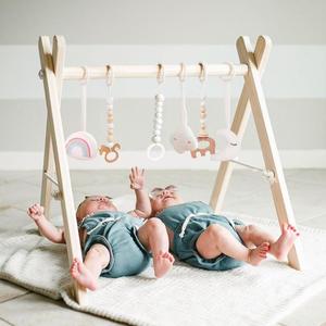 Wooden Baby Gym with 6 Gym Toys, Foldable Baby Play Gym, Natural Pine Wood Play Gym, Frame Activity Center Hanging Bar, Wooden Play Gym