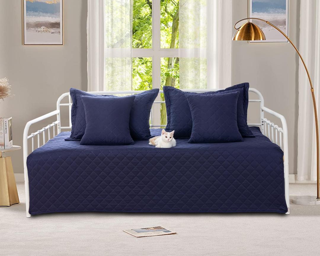 5-Piece Daybed Cover Set Navy Blue Twin Cozy Daybed Bedding Sets for All Season Lightweight Daybed Comforter Bedspread, Geometric Print Day Bed Cover for Twin Bed with 4 Pillow Shams,39"x75"