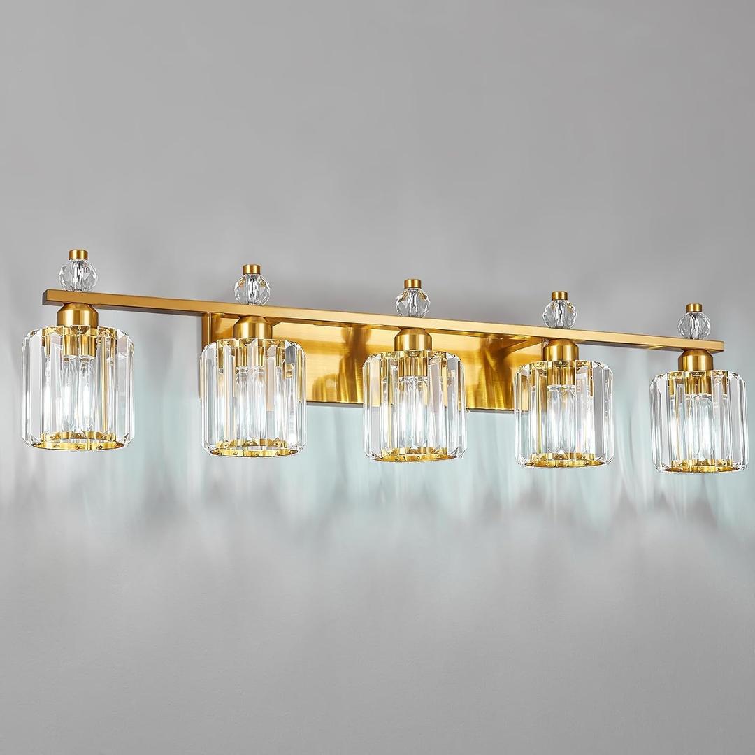 Bathroom Vanity Lights 5-Light Gold Modern Crystal Vanity Light Fixtures Over Mirror Crystal Bathroom Vanity Lighting Fixtures (Gold Round)