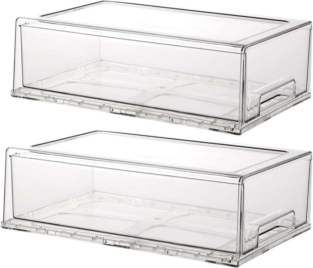 Stackable storage drawers, clear pull-out organizer with handles and non-slip pads for kitchen, refrigerator,office desktop, pantry and shelves, perfect for organization and storage (2 Pack, Large)