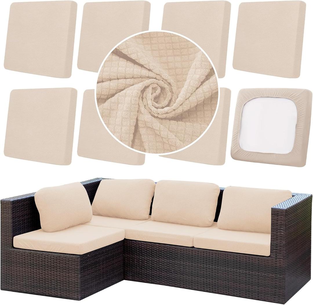 DREAHOTEXTIL 8Pcs Outdoor Cushion Covers, Patio Cushion Covers,Stretch Elastic Slipcovers, Replacement Washable & Reusable Furniture Protector for Patio Couch (Beige,Cover Only)